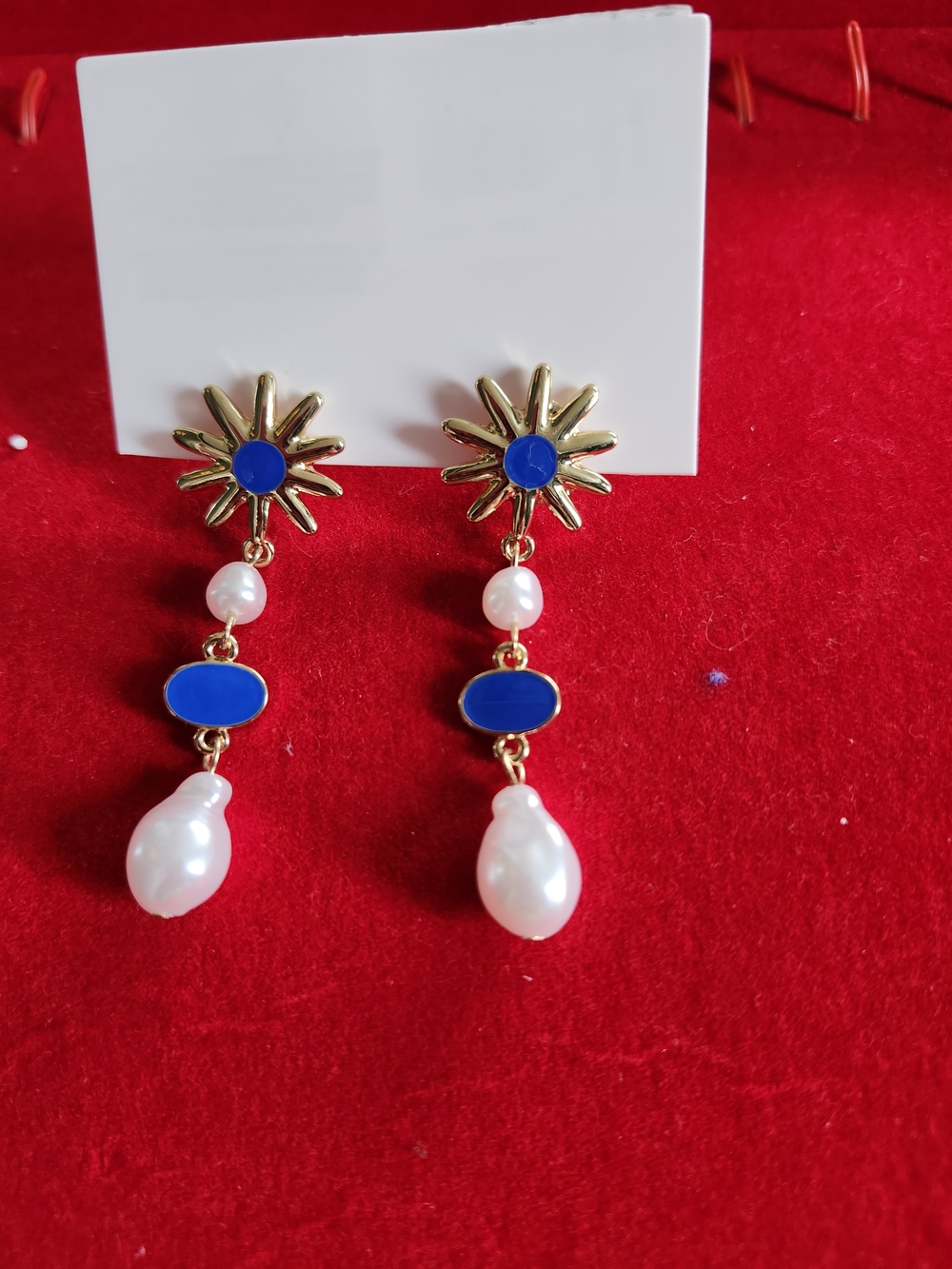 Gold Sunburst Pearl Drop Earrings with Blue Accents